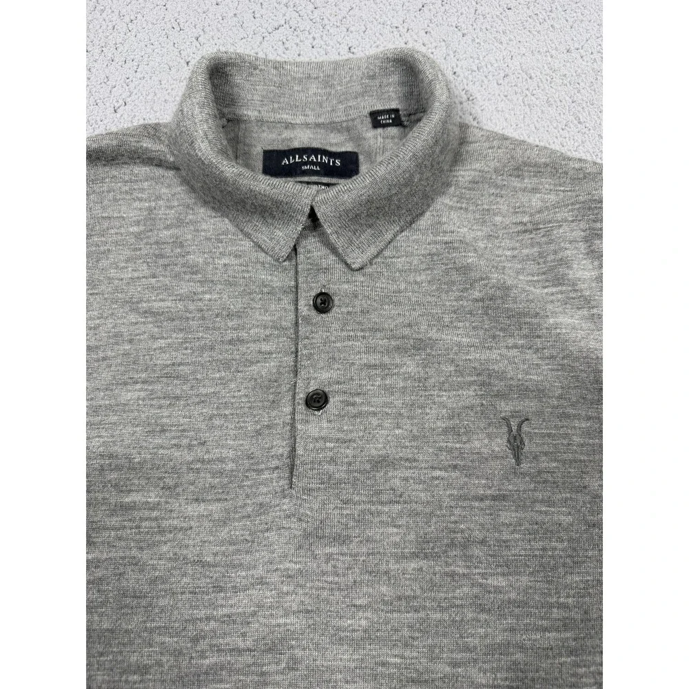 AllSaints Sweater Mens Small Gray 100% Merino‎ Wool Polo Knit Pullover MK005D